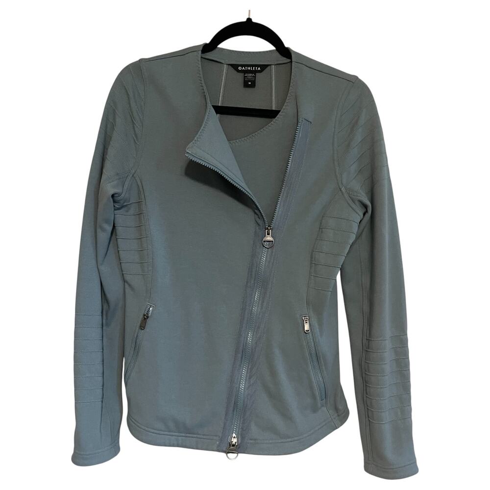 Athleta Fleece Lightweight Asymmetrical Zip Moto Jacket Sage Green Size M - Picture 2 of 6